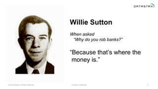 © 2014 DataStax, All Rights Reserved. Company Confidential 7
Willie Sutton
When asked
“Why do you rob banks?”
“Because that’s where the
money is.”
 