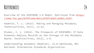 References 14
Overview of the BIBFRAME 2.0 Model. Retrieved from https:
//www.loc.gov/bibframe/docs/bibframe2-model.html.
Adamich, T. v. (2012). Making and Managing Metadata.
Technicalities, 32(1), 11-15.
Riemer, J. j. (2014). The Prospects of BIBFRAME: If Data
Elements Replace Records as the Coinage of the Metadata
Realm. Technicalities, 34(3), 1-9.
Understanding metadata [Booklet]. (n.d.)Bethesda, MD:
National Information Standards Organization.
 