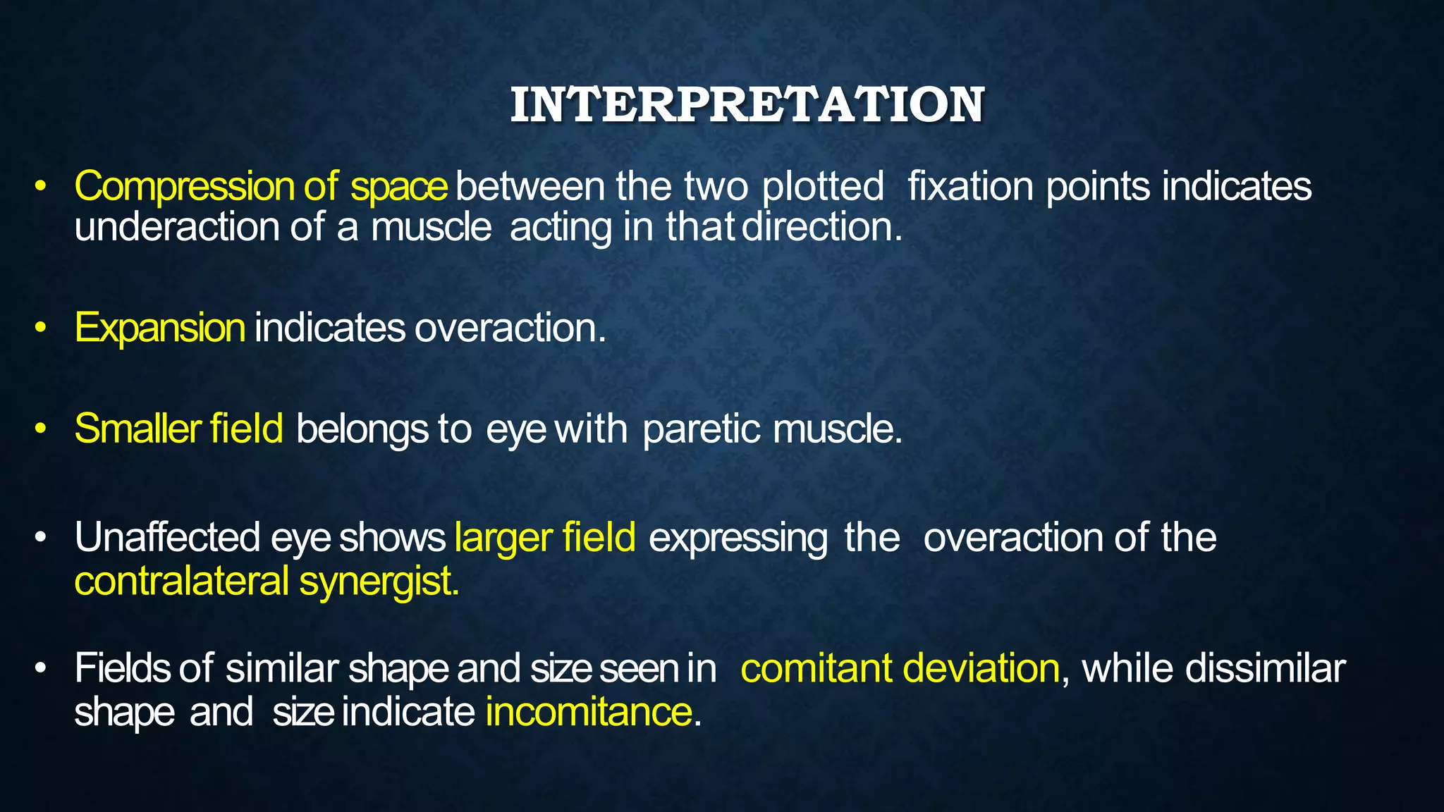 • Compression of spacebetween the two plotted fixation points indicates
underaction of a muscle acting in thatdirection.
• Expansion indicates overaction.
• Smaller field belongs to eyewith paretic muscle.
• Unaffected eyeshowslarger field expressing the overaction of the
contralateral synergist.
• Fieldsof similar shapeand sizeseenin comitant deviation, while dissimilar
shape and sizeindicate incomitance.
INTERPRETATION
 