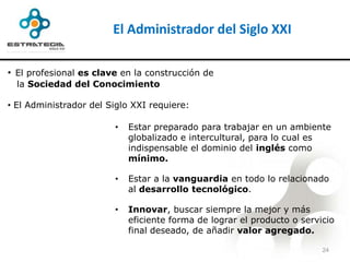 El Administrador del Siglo XXI

• El profesional es clave en la construcción de
  la Sociedad del Conocimiento

• El Administrador del Siglo XXI requiere:

                        •   Estar preparado para trabajar en un ambiente
                            globalizado e intercultural, para lo cual es
                            indispensable el dominio del inglés como
                            mínimo.

                        •   Estar a la vanguardia en todo lo relacionado
                            al desarrollo tecnológico.

                        •   Innovar, buscar siempre la mejor y más
                            eficiente forma de lograr el producto o servicio
                            final deseado, de añadir valor agregado.

                                                                         24
 