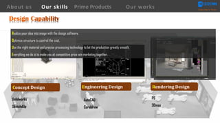 Solidworks
SketchdUp
AutoCAD
Coreldraw
PS
3Dmax
Engineering	DesignConcept	Design Rendering	Design
About us Creating Value for Partners
Prime ProductsOur skills Our works
Realize your idea into image with the design software.
Optimize structure to control the cost.
Use the right material and precise processing technology to let the production greatly smooth.
Everything we do is to make you at competitive price win marketing together.
 