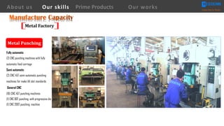 Semi automatic
Metal	Punching
About us Creating Value for Partners
Prime ProductsOur skills Our works
Metal	Factory
(2) CNC 45T semi-automatic punching
machines for make AA slot standards
Fully automatic
(2) CNC punching machines with fully
automatic feed carriage
General CNC
(1) CNC 80T punching with progressive die
(10) CNC 45T punching machines
(1) CNC 200T punching machine
 