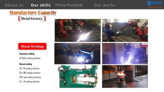 Automatic welding
(4) Robot welding machines
Manual welding
(14) TIG welding machines
(24) MIG welding machines
(20) spot welding machines
(2) HF welding machines
Metal	Welding
About us Creating Value for Partners
Prime ProductsOur skills Our works
Metal	Factory
 