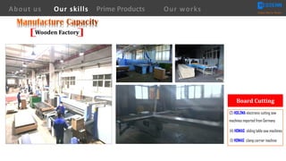 (2) HOLZMA electronic cutting saw
machines imported from Germany
Board	Cutting
About us Creating Value for Partners
Prime ProductsOur skills Our works
Wooden	Factory
(4) HOMAG sliding table saw machines
(1) HOMAG clamp carrier machine
 