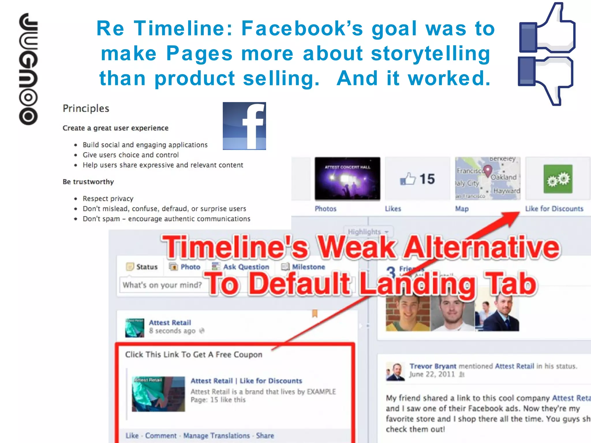 Re Timeline: Facebook’s goal was to
make Pages more about storytelling
than product selling. And it worked.
 