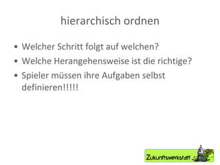 hierarchisch ordnen Welcher Schritt folgt auf welchen? Welche Herangehensweise ist die richtige? Spieler müssen ihre Aufgaben selbst definieren!!!!! 