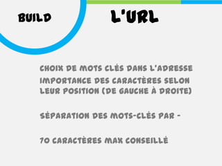 BUILD             L’URL

   Choix de mots clés dans l’adresse
   Importance des caractères selon
   leur position (de gauche à droite)

   Séparation des mots-clés par –

   70 caractères max conseillé
 