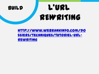 BUILD         L’URL
            REWRITING
   http://www.webrankinfo.com/do
   ssiers/techniques/tutoriel-url-
   rewriting
 