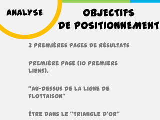 ANALYSE          OBJECTIFS
             DE POSITIONNEMENT
    3 premières pages de résultats

    Première page (10 premiers
    liens).

    "au-dessus de la ligne de
    flottaison"

    Être dans le "triangle d'or"
 