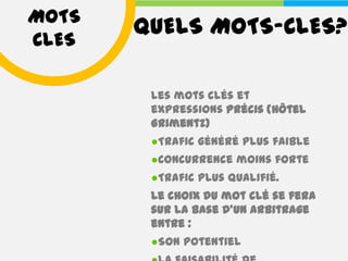 MOTS
       QUELS MOTS-CLES?
CLES

        Les mots clés et
        expressions précis (Hôtel
        Grimentz)
        ●Trafic généré plus faible
        ●Concurrence moins forte
        ●Trafic plus qualifié.
        Le choix du mot clé se fera
        sur la base d'un arbitrage
        entre :
        ●Son potentiel
 