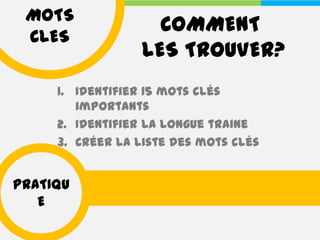 MOTS
                   COMMENT
 CLES
                 LES TROUVER?
     1. Identifier 15 mots clés
        importants
     2. Identifier la longue traine
     3. Créer la liste des mots clés


PRATIQU
   E
 