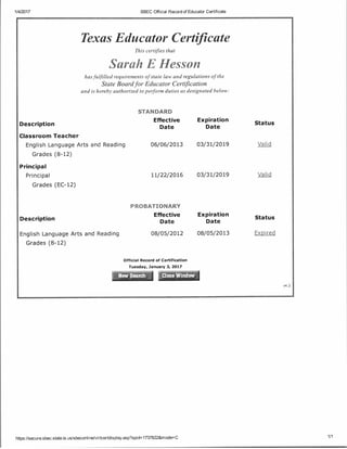 Sarah Hesson Texas Educator Certificate 