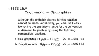 C(s, diamond) → C(s, graphite)
Hess’s Law
Although the enthalpy change for this reaction
cannot be measured directly, you can use Hess’s
law to find the enthalpy change for the conversion
of diamond to graphite by using the following
combustion reactions.
a. C(s, graphite) + O2(g) → CO2(g) ΔH = –393.5 kJ
b. C(s, diamond) + O2(g) → CO2(g) ΔH = –395.4 kJ
 