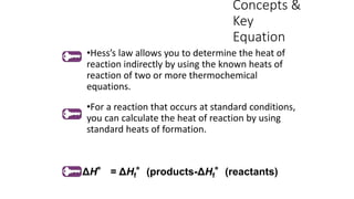 Concepts &
Key
Equation
•Hess’s law allows you to determine the heat of
reaction indirectly by using the known heats of
reaction of two or more thermochemical
equations.
•For a reaction that occurs at standard conditions,
you can calculate the heat of reaction by using
standard heats of formation.
ΔH° = ΔHf°(products-ΔHf°(reactants)
 