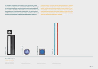 Die homogene Anstrahlung von vertikalen Flächen übernehmen Einbau-                   In-ground systems, fitted with specially designed asymmetric reflectors,
systeme mit speziell gestalteten asymmetrischen Reflektoren. Diese sorgen            homogeneously illuminate vertical surfaces. Thanks to their in-grade
für den bodennahen Ansatz der Beleuchtung und einen über die gewählte                location, they are able to illuminate facades from the ground up in the
Fassadenhöhe in allen Achsen gleichmäßig weichen Lichtverlauf. Streulicht            desired height and in all axes with a uniformly soft dispersion. Spill and
und unerwünschte Lichtimmissionen sind minimiert. Die flächenbündig in               stray upward light emission are minimal. Integrating grade-flush in any
jede Bodentextur integrierbaren Systeme erfüllen ohne Abdeckrahmen und               ground covering, the luminaires, whose hardware is hidden from sight,
sichtbare Verschraubungen außerdem höchste ästhetische Ansprüche.                    satisfy the most discerning aesthetic standards.




                                                                    PALERMO G ASYM
                                    RAVENNA G ASYM
TERAMO L.LS.Q




                                                                                                               LEDIA LL HP




Produktinformationen
Product Information
www.hess.eu/6610
www.hess.eu/6630                   www.hess.eu/6100                 www.hess.eu/6200                           www.hess.eu/8013

                                                                                                                                                                  14 . 15
 