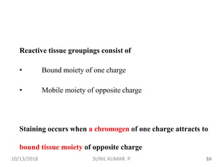 Reactive tissue groupings consist of
• Bound moiety of one charge
• Mobile moiety of opposite charge
Staining occurs when a chromogen of one charge attracts to
bound tissue moiety of opposite charge
1310/13/2018 14SUNIL KUMAR. P
 