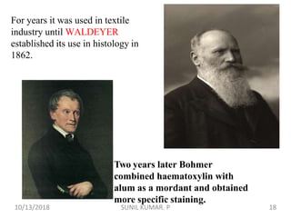 For years it was used in textile
industry until WALDEYER
established its use in histology in
1862.
Two years later Bohmer
combined haematoxylin with
alum as a mordant and obtained
more specific staining.
10/13/2018 18SUNIL KUMAR. P
 