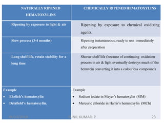 NATURALLY RIPENED
HEMATOXYLINS
CHEMICALLY RIPENED HEMATOXYLINS
Ripening by exposure to light & air Ripening by exposure to chemical oxidizing
agents.
Slow process (3-4 months) Ripening instantaneous, ready to use immediately
after preparation
Long shelf life, retain stability for a
long time
Shorter shelf life (because of continuing oxidation
process in air & light eventually destroys much of the
hematein converting it into a colourless compound)
Example
 Ehrlich’s hematoxylin
 Delafield’s hematoxylin.
Example
 Sodium iodate in Mayer’s hematoxylin (SIM)
 Mercuric chloride in Harris’s hematoxylin (MCh)
10/13/2018 23SUNIL KUMAR. P
 