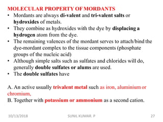 MOLECULAR PROPERTY OFMORDANTS
• Mordants are always di-valent and tri-valent salts or
hydroxides of metals.
• They combine as hydroxides with the dye by displacing a
hydrogen atom from the dye.
• The remaining valences of the mordant serves to attach/bind the
dye-mordant complex to the tissue components (phosphate
groups of the nucleic acid)
• Although simple salts such as sulfates and chlorides will do,
generally double sulfates or alums are used.
• The double sulfates have
A. An active usually trivalent metal such as iron, aluminium or
chromium,
B. Together with potassium or ammonium as a second cation.
10/13/2018 27SUNIL KUMAR. P
 