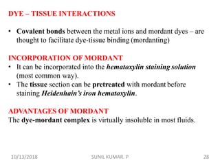 DYE – TISSUE INTERACTIONS
• Covalent bonds between the metal ions and mordant dyes – are
thought to facilitate dye-tissue binding (mordanting)
INCORPORATION OF MORDANT
• It can be incorporated into the hematoxylin staining solution
(most common way).
• The tissue section can be pretreated with mordant before
staining Heidenhain’s iron hematoxylin.
ADVANTAGES OF MORDANT
The dye-mordant complex is virtually insoluble in most fluids.
10/13/2018 28SUNIL KUMAR. P
 