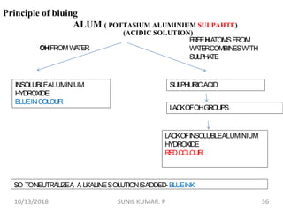 Principle of bluing
ALUM ( POTTASIUM ALUMINIUM SULPAHTE)
INSOLUBLEALUMINIUM
HYDROXIDE
BLUEINCOLOUR
OHFROMWATER
SULPHURICACID
(ACIDIC SOLUTION)
FREEHATOMSFROM
WATERCOMBINESWITH
SULPHATE
LACKOFOHGROUPS
LACKOFINSOLUBLEALUMINIUM
HYDROXIDE
REDCOLOUR
SO TONEUTRALIZEA A LKALINESOLUTIONISADDED-BLUEINK
10/13/2018 36SUNIL KUMAR. P
 