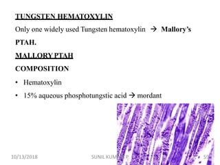 TUNGSTEN HEMATOXYLIN
Only one widely used Tungsten hematoxylin  Mallory’s
PTAH.
MALLORYPTAH
COMPOSITION
• Hematoxylin
• 15% aqueous phosphotungstic acid  mordant
10/13/2018 59SUNIL KUMAR. P
 