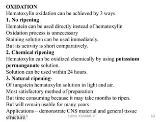 OXIDATION
Hematoxylin oxidation can be achieved by 3 ways
1. No ripening
Hematein can be used directly instead of hematoxylin
Oxidation process is unnecessary
Staining solution can be used immediately.
But its activity is short comparatively.
2. Chemical ripening
Hematoxylin can be oxidized chemically by using potassium
permanganate solution.
Solution can be used within 24 hours.
3. Natural ripening-
Of tungstein hematoxylin solution in light and air.
Most satisfactory method of preparation
But time consuming because it may take months to ripen.
But will remain usable for many years.
Applications – demonstrate CNS material and general tissue
structure.10/13/2018 60SUNIL KUMAR. P
 