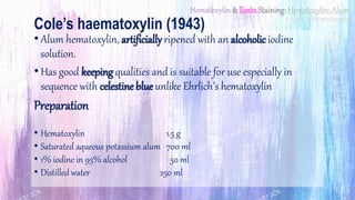 Delafield’s Hematoxylin (1885)
Preparation
• Hematoxylin 4 g
• 95% alcohol 125 ml
• Saturated aqueous ammonium alum 400 ml...