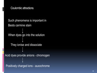 Coulombic attractions
Such phenomena is important in
Bests carmine stain
When dyes go into the solution
39
They ionise and dissociate
Acid dyes provide anions - chromogen
Positively charged ions - auxochrome
 