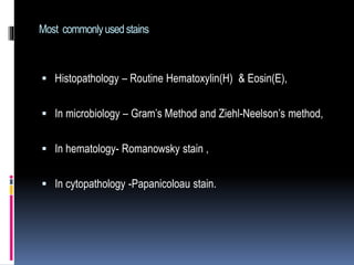 Most commonlyusedstains
 Histopathology – Routine Hematoxylin(H) & Eosin(E),
 In microbiology – Gram’s Method and Ziehl-Neelson’s method,
 In hematology- Romanowsky stain ,
 In cytopathology -Papanicoloau stain.
 