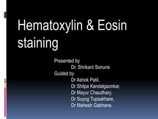 Hematoxylin & Eosin
staining
Presented by
Dr. Shrikant Sonune
Guided by
Dr Ashok Patil,
Dr Shilpa Kandalgaonkar,
Dr Mayur Chaudhary,
Dr Suyog Tupsakhare,
Dr Mahesh Gabhane.
 