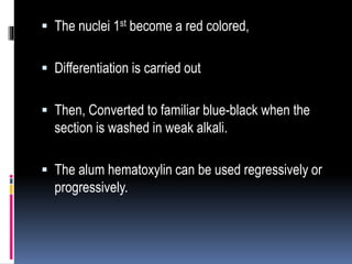  The nuclei 1st become a red colored,
 Differentiation is carried out
 Then, Converted to familiar blue-black when the
section is washed in weak alkali.
 The alum hematoxylin can be used regressively or
progressively.
 