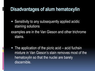 Disadvantages of alum hematoxylin
 Sensitivity to any subsequently applied acidic
staining solutions
examples are in the Van Gieson and other trichrome
stains.
 The application of the picric acid – acid fuchsin
mixture in Van Gieson’s stain removes most of the
hematoxylin so that the nuclei are barely
discernible.
 