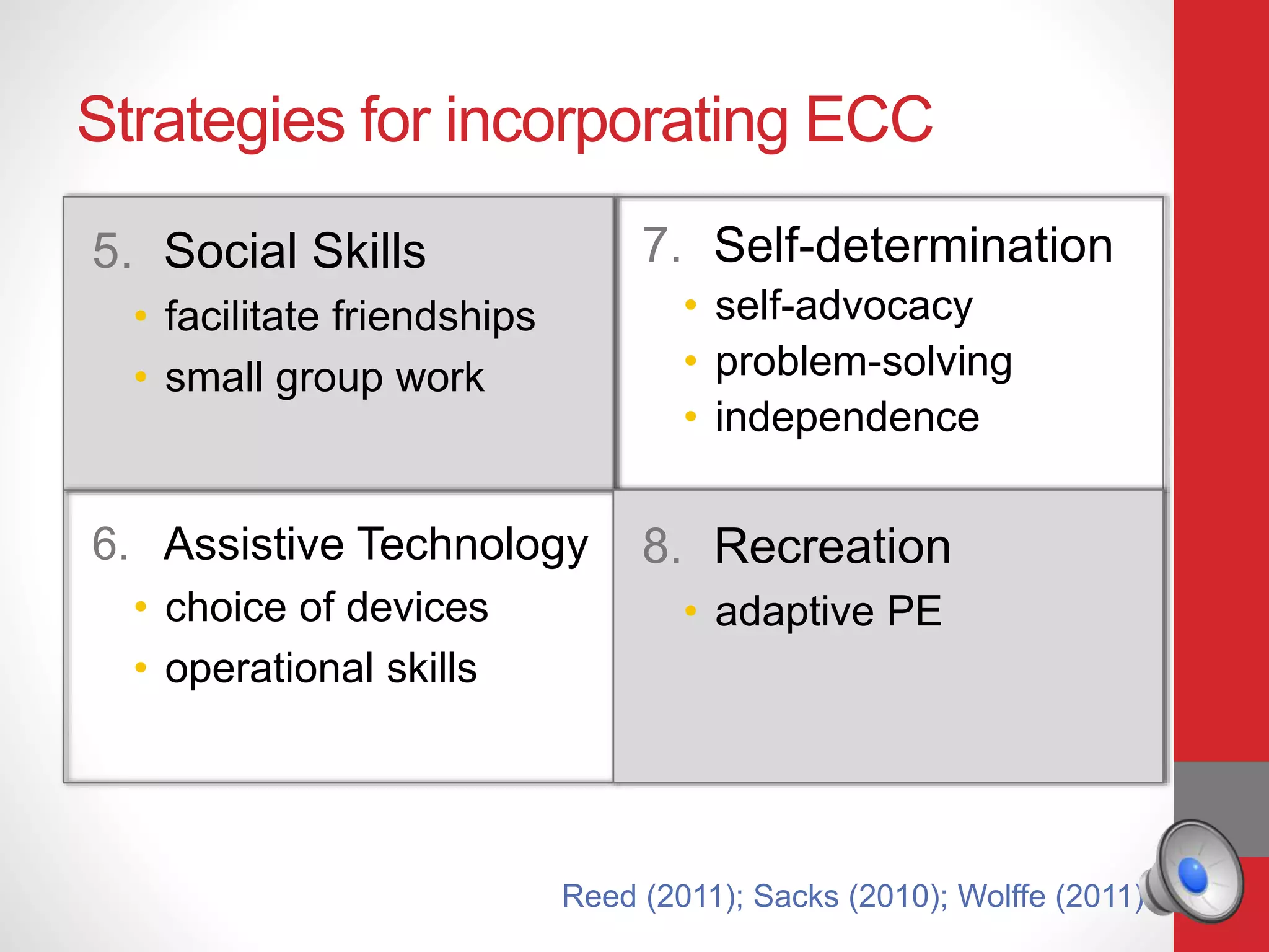 Strategies for incorporating ECC
5. Social Skills
• facilitate friendships
• small group work
6. Assistive Technology
• choice of devices
• operational skills
7. Self-determination
• self-advocacy
• problem-solving
• independence
8. Recreation
• adaptive PE
Reed (2011); Sacks (2010); Wolffe (2011)
 