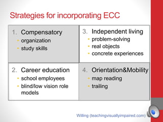 Strategies for incorporating ECC
1. Compensatory
• organization
• study skills
2. Career education
• school employees
• blind/low vision role
models
3. Independent living
• problem-solving
• real objects
• concrete experiences
4. Orientation&Mobility
• map reading
• trailing
Willing (teachingvisuallyimpaired.com)
 