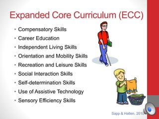 Expanded Core Curriculum (ECC)
• Compensatory Skills
• Career Education
• Independent Living Skills
• Orientation and Mobility Skills
• Recreation and Leisure Skills
• Social Interaction Skills
• Self-determination Skills
• Use of Assistive Technology
• Sensory Efficiency Skills
Sapp & Hatlen, 2010
 