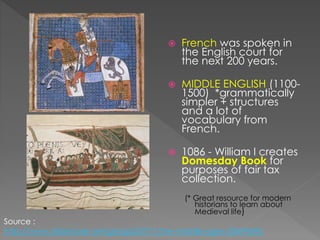  French was spoken in
the English court for
the next 200 years.
 MIDDLE ENGLISH (1100-
1500) *grammatically
simpler + structures
and a lot of
vocabulary from
French.
 1086 - William I creates
Domesday Book for
purposes of fair tax
collection.
(* Great resource for modern
historians to learn about
Medieval life)
Source :
http://www.slideshare.net/giorgia23771/the-middle-ages-30499696
 