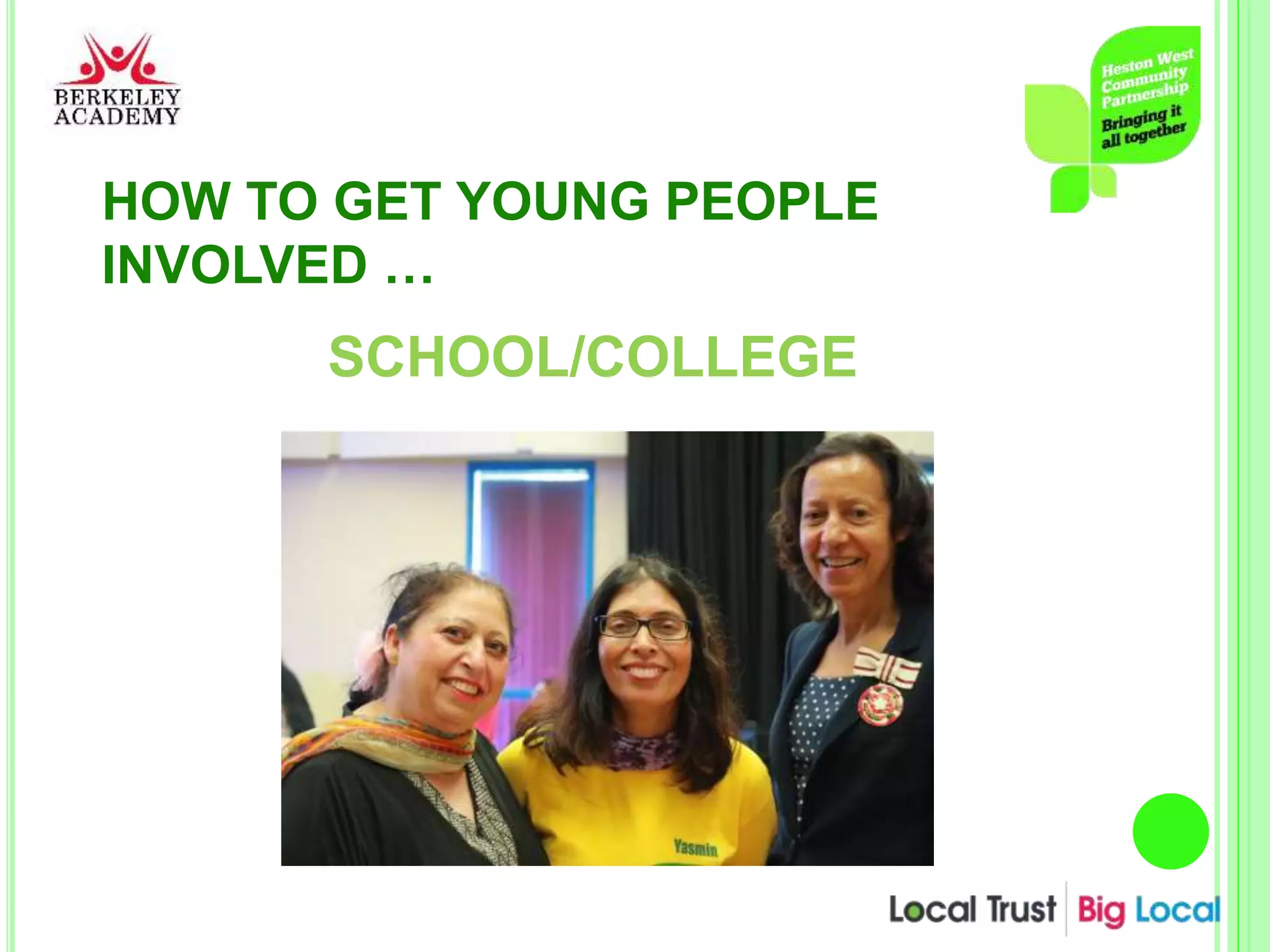 HOW TO GET YOUNG PEOPLE
INVOLVED …
SCHOOL/COLLEGE
 