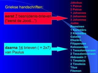 Griekse handschriften: eerst   7  besnijdenis-brieven (“eerst de Jood...”) Jakobus 1 Petrus 2 Petrus 1 Johannes 2 Johannes 3 Johannes Judas Romeinen 1 Korintiërs 2 Korintiërs Galaten Efeziërs Filippenzen Kolossenzen 1 Tessalonicenzen 2 Tessalonicenzen Hebreeën  !! 1 Timoteüs 2 Timoteüs Titus Filemon daarna   14  brieven ( = 2x7) van Paulus 