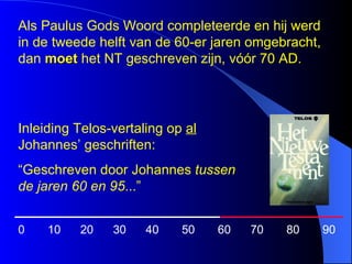 0  10  20  30  40  50  60  70  80  90 Als Paulus Gods Woord completeerde en hij werd in de tweede helft van de 60-er jaren omgebracht, dan  moet  het NT geschreven zijn, vóór 70 AD. Inleiding Telos-vertaling op  al  Johannes’ geschriften: “ Geschreven door Johannes  tussen de jaren 60 en 95 ... ” 