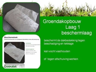 beschermt de dakbedekking tegen beschadiging en lekkage kan vocht vasthouden of  tegen afschuiving werken.  Produktblad Groendakopbouw    Laag 1   beschermlaag 
