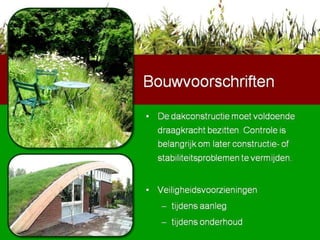 De dakconstructie moet voldoende draagkracht bezitten. Controle is belangrijk om later constructie- of stabiliteitsproblemen te vermijden.  Veiligheidsvoorzieningen  tijdens aanleg tijdens onderhoud Bouwvoorschriften 