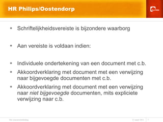 HR Philips/Oostendorp Schriftelijkheidsvereiste is bijzondere waarborg Aan vereiste is voldaan indien: Individuele ondertekening van een document met c.b. Akkoordverklaring met document met een verwijzing naar bijgevoegde documenten met c.b. Akkoordverklaring met document met een verwijzing naar  niet bijgevoegde  documenten, mits expliciete verwijzing naar c.b. 