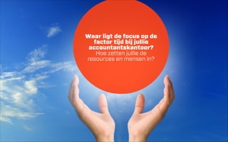 Waar ligt de focus op de
factor tijd bij jullie
accountantskantoor?
Hoe zetten jullie de
resources en mensen in?

 