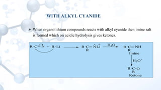 WITH ALKYL CYANIDE
 When organolithium compounds reacts with alkyl cyanide then imine salt
is formed which on acidic hydrolysis gives ketones.
R C N + R Li R C N
R
Li
+- H2O
R C NH
R
Imine
R C O
R
H3O+
Ketone
 