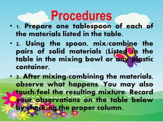 Procedures
• 1. Prepare one tablespoon of each of
the materials listed in the table.
• 2. Using the spoon, mix/combine the
pairs of solid materials (Listed in the
table in the mixing bowl or any plastic
container.
• 3. After mixing/combining the materials,
observe what happens. You may also
touch/feel the resulting mixture. Record
your observations on the table below
by checking the proper column.
 