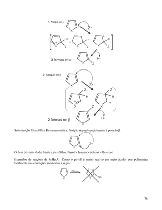 Substituição Eletrofílica Heteroaromática: Posição α preferencialmente à posição β




Ordem de reatividade frente a eletrófilos: Pirrol > furano > tiofeno > Benzeno

Exemplos de reações de SEHetAr. Como o pirrol é muito reativo em meio ácido, este polimeriza
facilmente nas condições mostradas a seguir:




                                                                                         78
 