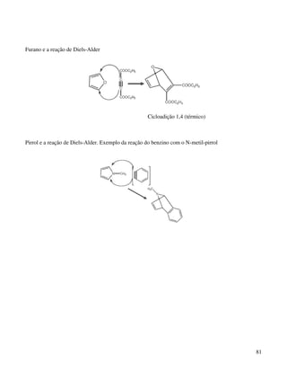 Furano e a reação de Diels-Alder




                                                    Cicloadição 1,4 (térmico)



Pirrol e a reação de Diels-Alder. Exemplo da reação do benzino com o N-metil-pirrol




                                                                                      81
 