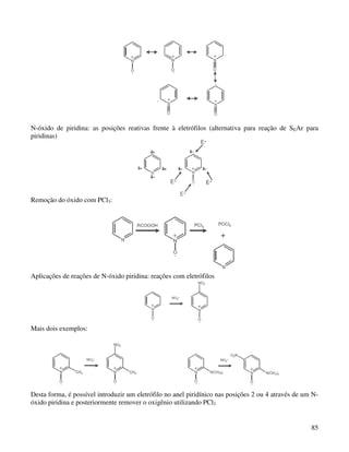 N-óxido de piridina: as posições reativas frente à eletrófilos (alternativa para reação de SEAr para
piridinas)




Remoção do óxido com PCl3:




Aplicações de reações de N-óxido piridina: reações com eletrófilos




Mais dois exemplos:




Desta forma, é possível introduzir um eletrófilo no anel piridínico nas posições 2 ou 4 através de um N-
óxido piridina e posteriormente remover o oxigênio utilizando PCl3


                                                                                                     85
 