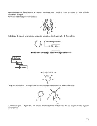 compartilhado do heteroátomo. O sexteto aromático fica completo como podemos ver nos orbitais
mostrados a seguir.
Orbitais, elétrons e posições reativas:




Influência do tipo de heteroátomo no caráter aromático dos heterociclos de 5 membros




                              Decréscimo da energia de estabilização aromática




                                           As posições reativas:




As posições reativas e os respectivos ataques de espécies eletrofílicas ou nucleofílicas:




Lembrando que E+ refere-se a um ataque de uma espécie eletrofílica e Nu- ao ataque de uma espécie
nucleofílica




                                                                                              75
 
